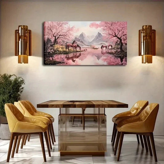 Cherry Blossom Trees & Horses Wall Art Canvas Office Home Room Framed 120x60cm