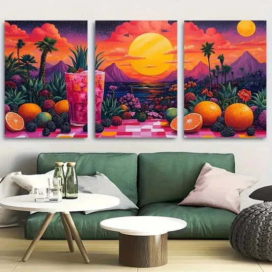 3pcs Vibrant Tropical Sunset Palm Trees Ocean Wave Metal Print Ready to Hang Art