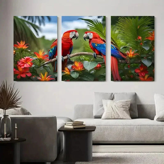 3pcs Colorful Parrot and Flower Nature Birds Metal Print Ready to Hang Art