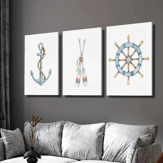3pcs Sailboat Anchor Paddle Rudder Wall Art Set Canvas Framed 40x60cm - High Quality Print 100% Australian Made Wall Canvas Ready to Hang