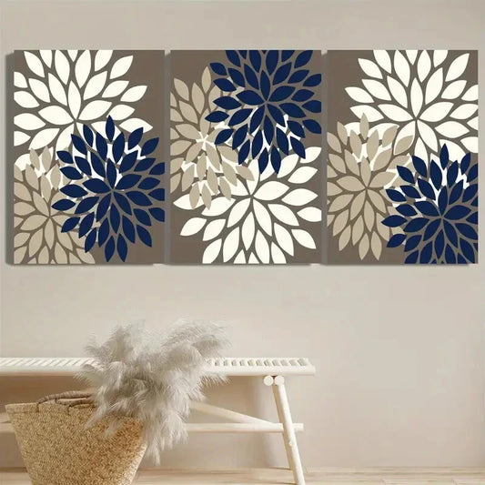 3pcs Abstract Flower Navy and Cream Metal Print Ready to Hang Art