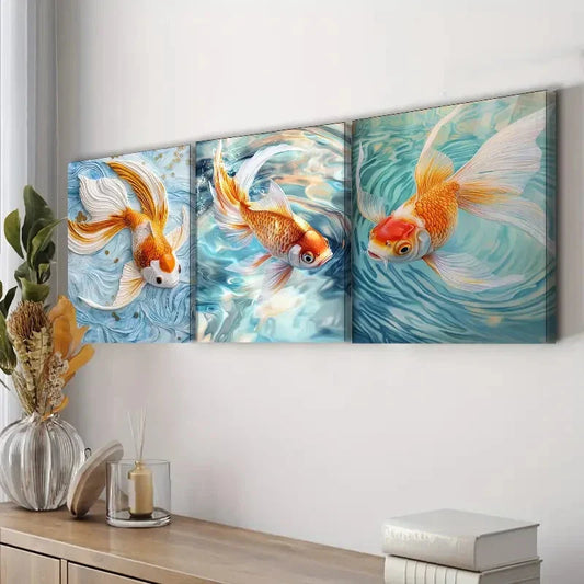 3pcs Set Golden Koi Fish Colorful Orange Perfect Wall Wall Art Set Canvas Framed 40x60cm - High Quality Print 100% Australian Made Wall Canvas Ready to Hang