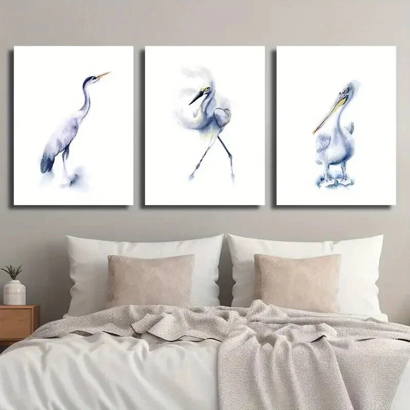 3pcs Snowy Egret Pelican Heron Blue Grey Animal Metal Print Ready to Hang Art