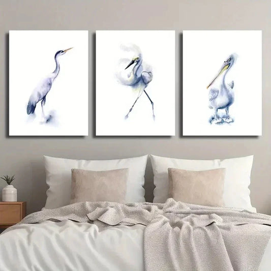 3pcs Snowy Egret Pelican Heron Blue Grey Animal Metal Print Ready to Hang Art