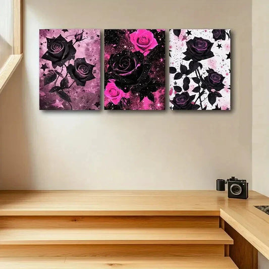 3pcs Black and Pink Roses Design Metal Print Ready to Hang Art