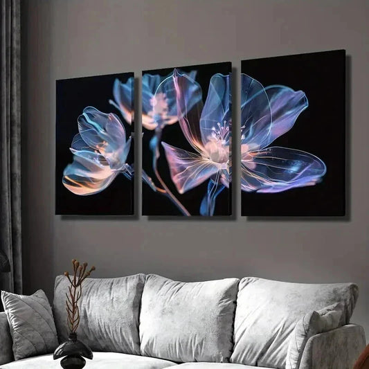 3pcs Vibrant Pink and Blue Crystal Flowers Wall Art Set Canvas Framed 40x60cm - High Quality Print 100% Australian Made Wall Canvas Ready to Hang