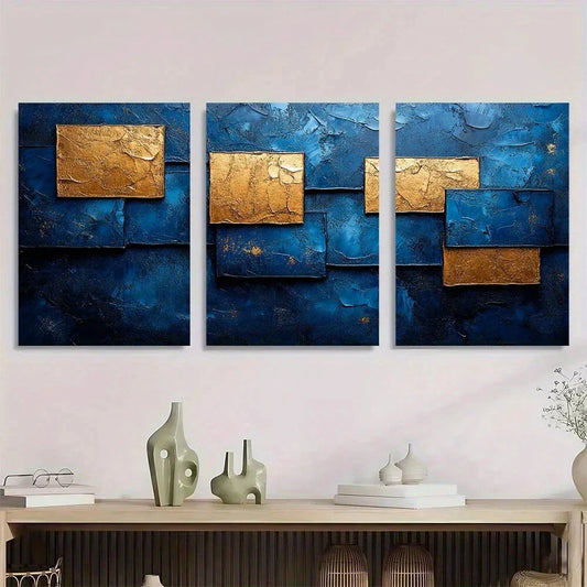 3pcs Blue & Golden Abstract Geometric Metal Print Ready to Hang Art