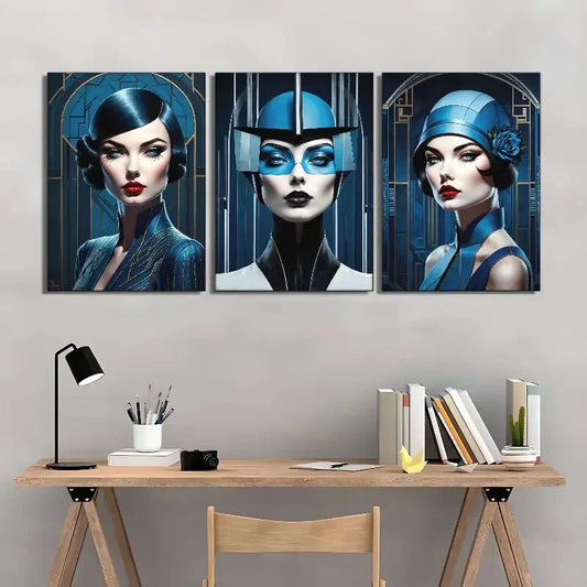 3pcs Beauty Portrait, Art Deco Portrait Metal Print Ready to Hang Art