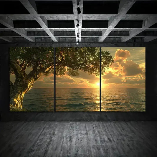 3pcs Ocean Sunset and Tree Scenery Metal Print Ready to Hang Art