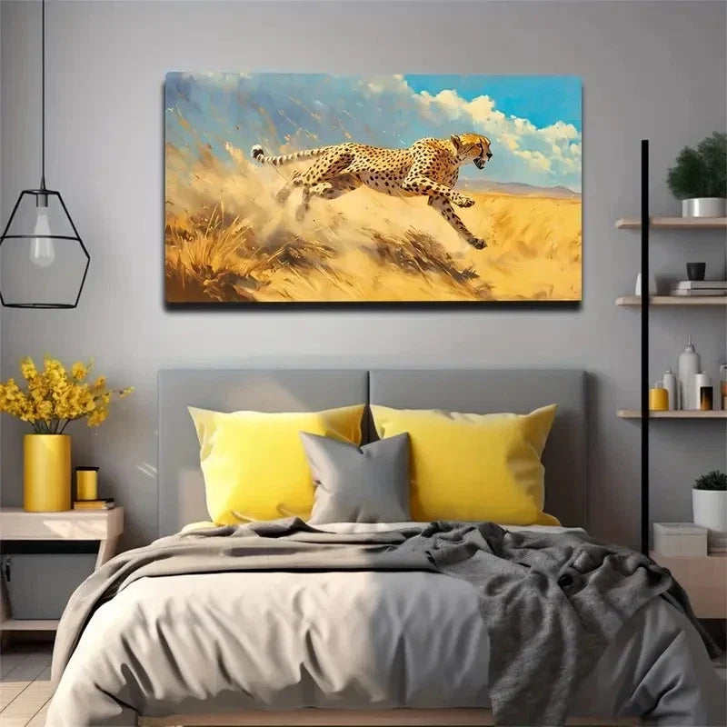 The Leopard Running Grassland Wall Art Canvas Office Home Room Framed 120x60cm