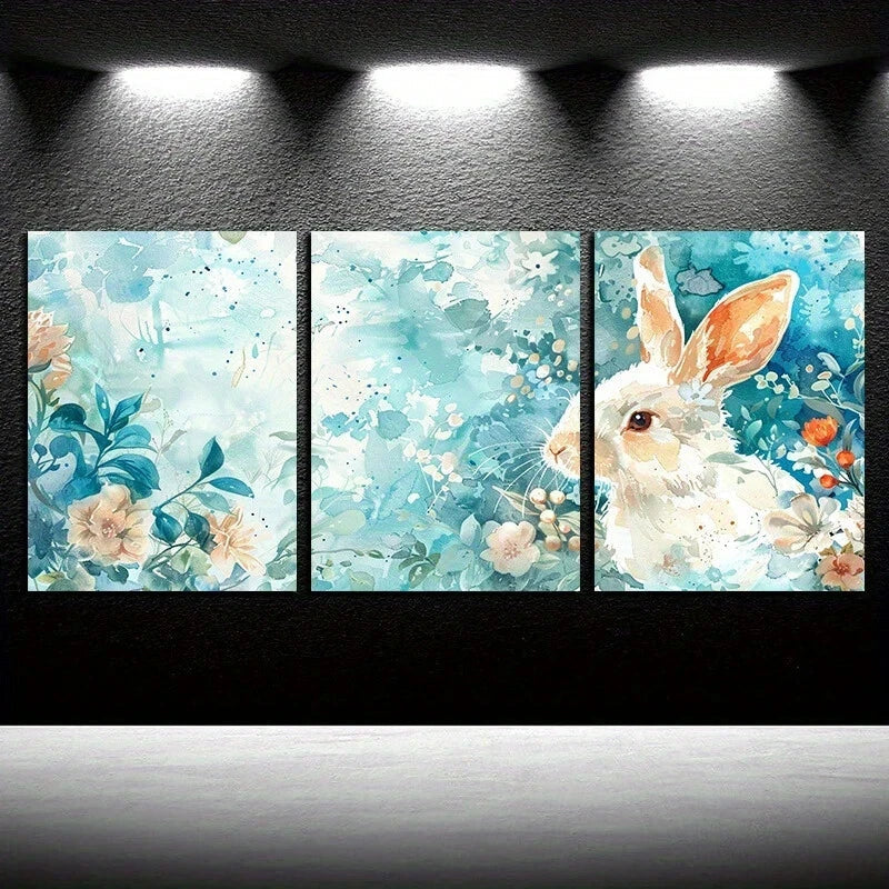 3pcs Cutest White Bunny Painting Blue & White Metal Print Ready to Hang Art