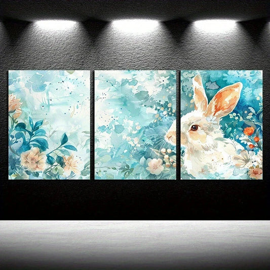 3pcs Cutest White Bunny Painting Blue & White Metal Print Ready to Hang Art