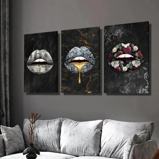 3pcs Money Golden Colorful Bouquet Lips Wall Art Set Canvas Framed 40x60cm - High Quality Print 100% Australian Made Wall Canvas Ready to Hang