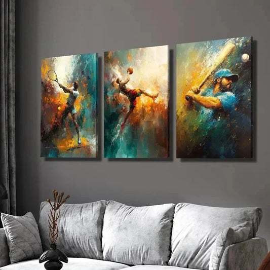 3pcs Tennis Basketball Baseball Player in Motion Wall Art Set Canvas Framed 40x60cm - High Quality Print 100% Australian Made Wall Canvas Ready to Hang