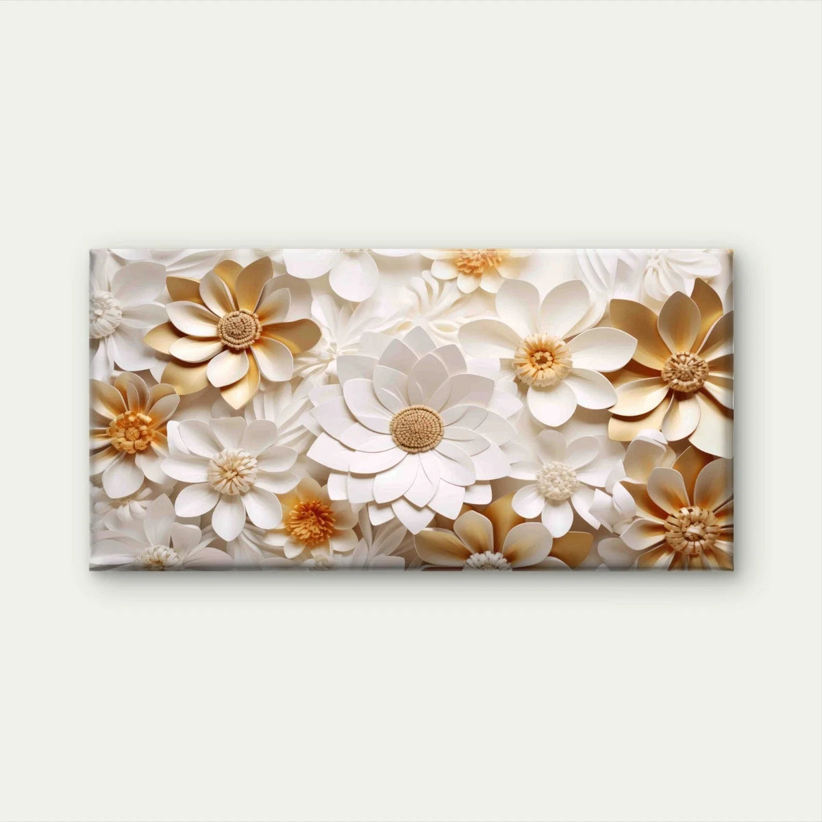 Elegant Gold White Paper Flower Wall Art Canvas Office Home Room Framed 120x60cm