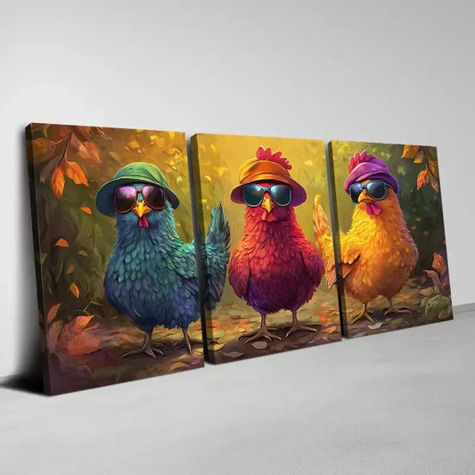 3pcs Whimsical Chicken Playful Farm Animal Wall Art Set Canvas Framed 40x60cm - High Quality Print 100% Australian Made Wall Canvas Ready to Hang