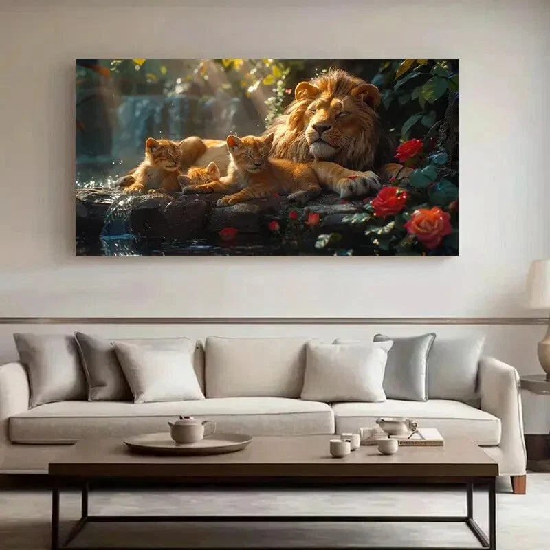 Abstract Yellow Lion Cubs wall canvas office home room framed 120x60cm