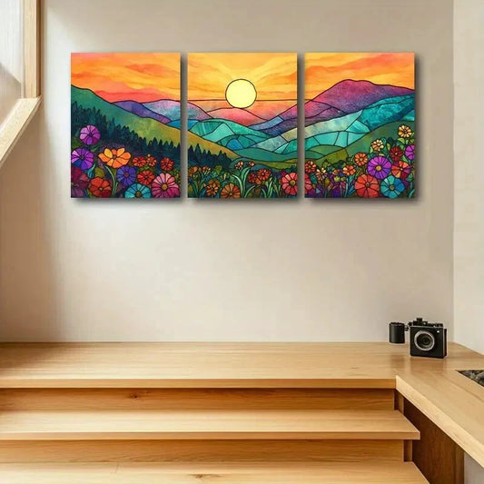 3pcs Vibrant Sunset Mountain Landscape with Floral Metal Print Ready to Hang Art
