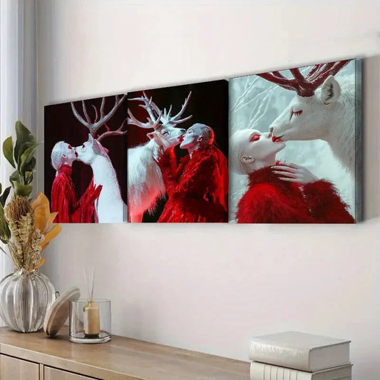 3pcs White Deer, girl (4) Wall Art Set Canvas Framed 40x60cm - High Quality Print 100% Australian Made Wall Canvas Ready to Hang