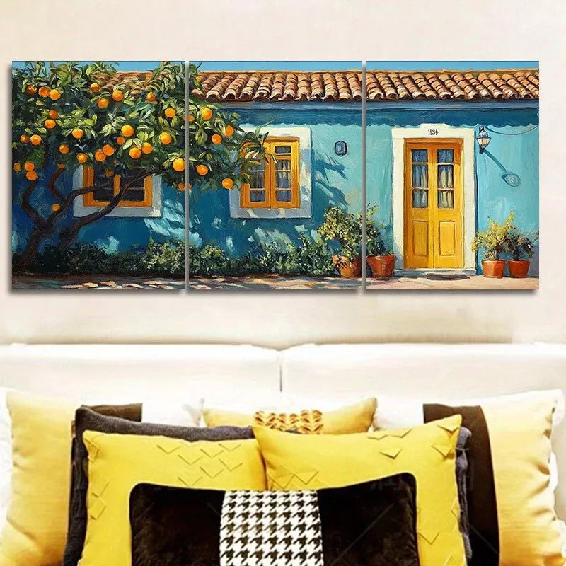 3pcs Orange Tree In Front Of A Blue House   Wall Art Set Canvas Framed 40x60cm - High Quality Print 100% Australian Made Wall Canvas Ready to Hang