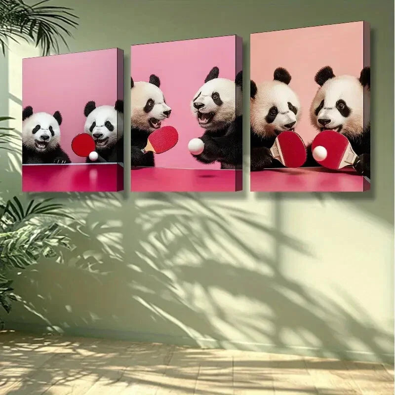 3pcs Table tennis panda Wall Art Set Canvas Framed 40x60cm -High Quality Print 100% Australian Made Wall Canvas Ready to Hang