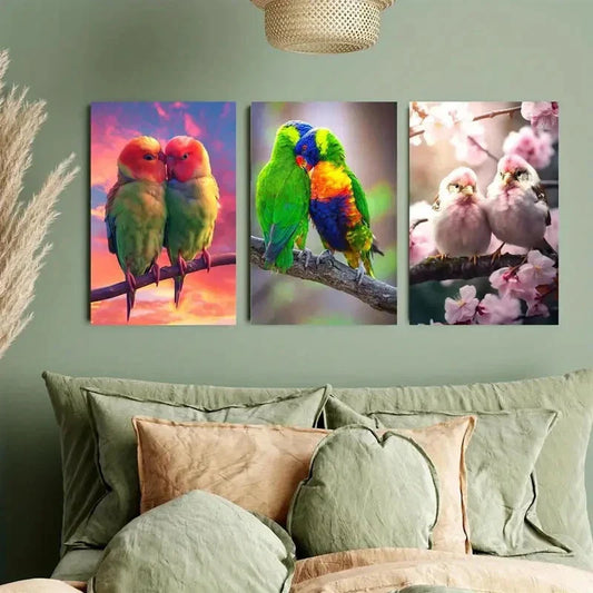 3pcs Rainbow Parrot Love Birds & Cherry Blossoms Metal Print Ready to Hang Art