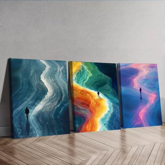 3pcs One Man Walking Along Chaka Slat Lake Wall Art Set Canvas Framed 40x60cm - High Quality Print 100% Australian Made Wall Canvas Ready to Hang