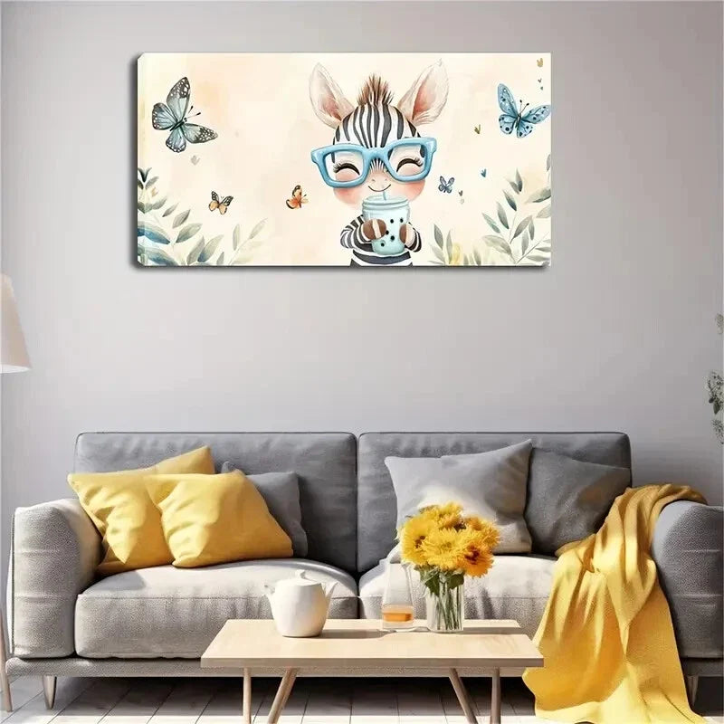 Adorable Zebra In Blue Glasses Wall Art Canvas Office Home Room Framed 120x60cm