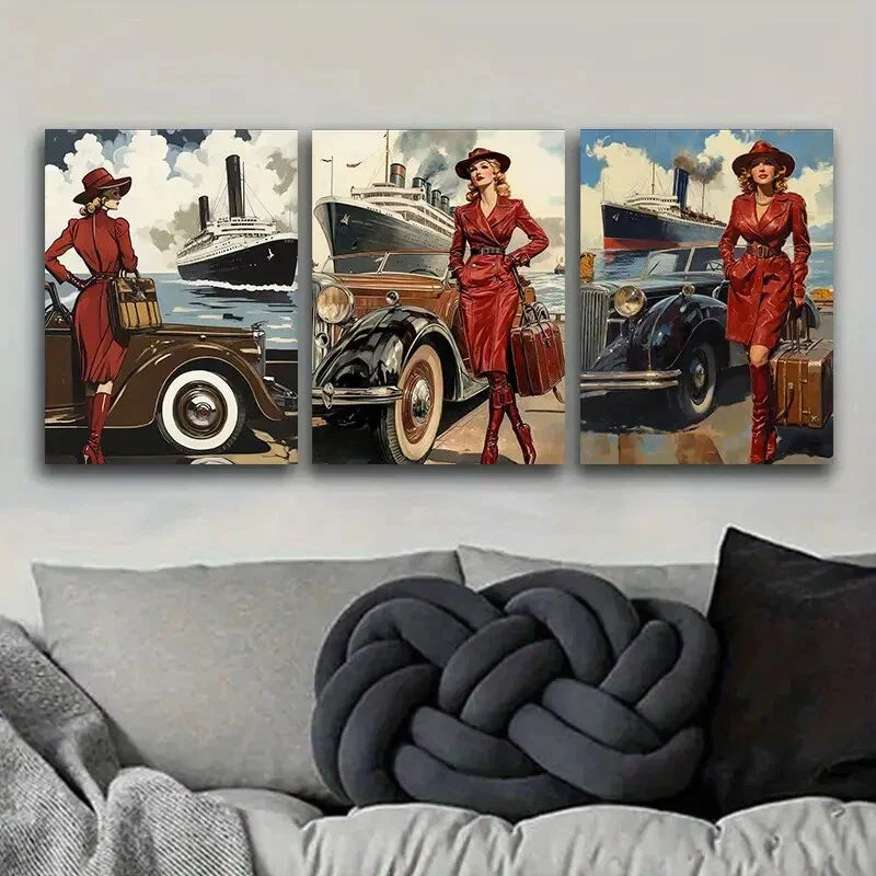 3pcs Retro modern girl, Art Painting  Metal Print Ready to Hang Art