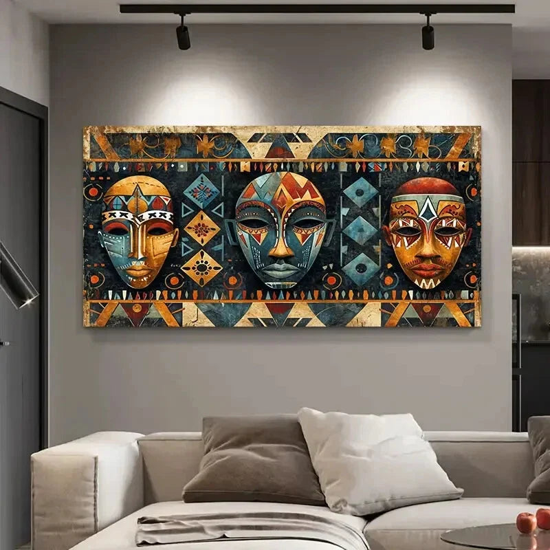 Tribal Masks Geometric Vibrant Wall Art Canvas Office Home Room Framed 80x45cm