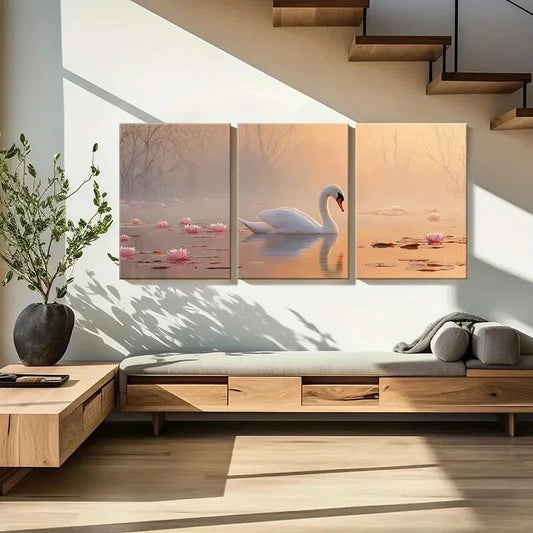 3pcs Elegant Swan Serene Lake Pink Lotus Flower Metal Print Ready to Hang Art