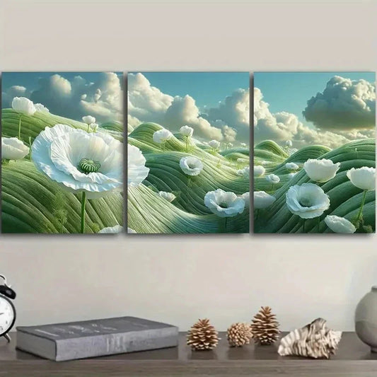 3pcs Luxurious White Poppy Art Print, Metal Print Ready to Hang Art