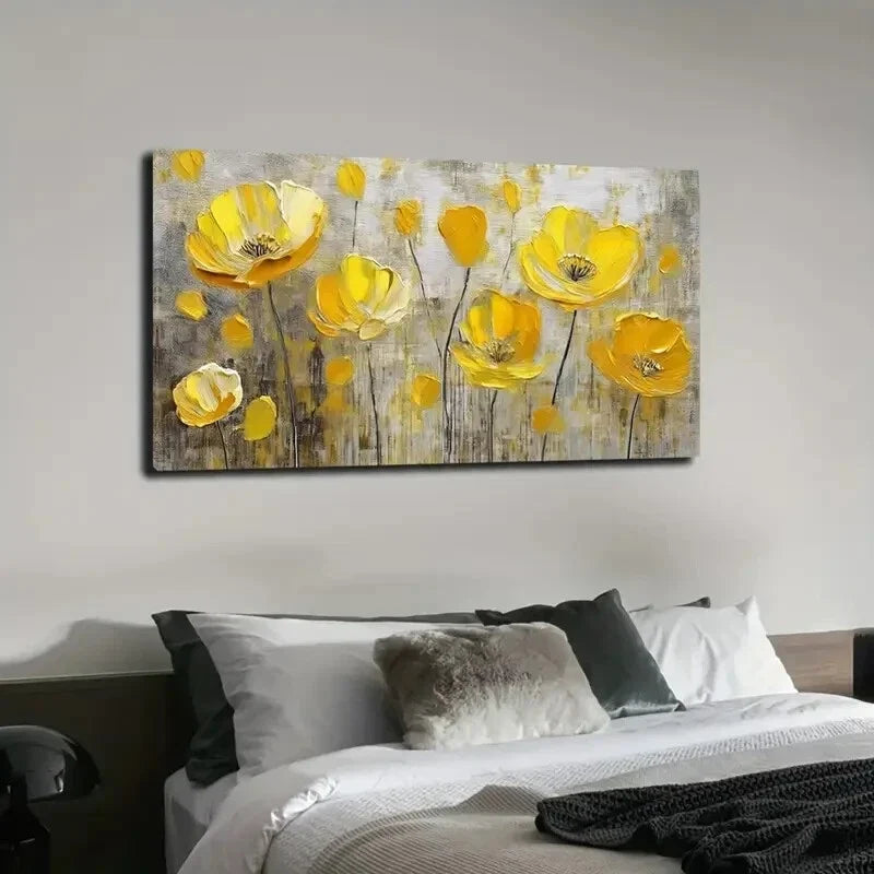 Yellow Flowers Gray Background Wall Art Canvas Office Home Room Framed 120x60cm