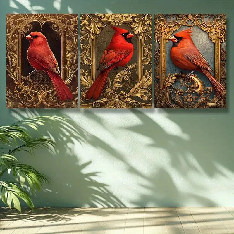 3pcs  Red bird . Art Painting Royal Look Metal Print Ready to Hang Art