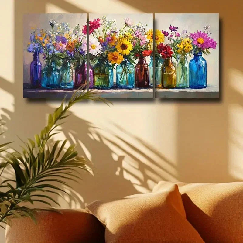 3pcs Wildflowers in Colorful Glass Design Metal Print Ready to Hang Art