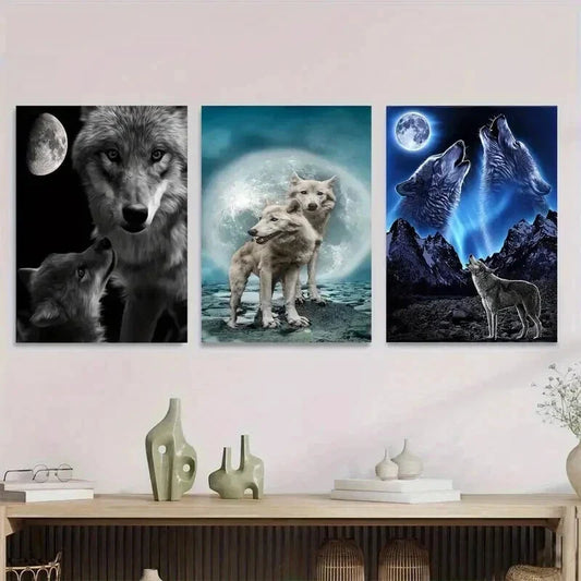 3pcs Moonlit Night Scene Stunning Wolf Wall Art Set Canvas Framed 40x60cm - High Quality Print 100% Australian Made Wall Canvas Ready to Hang
