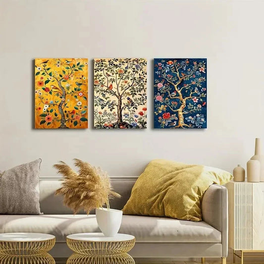 3pcs Tree Life And Song Bird Stained  Metal Print Ready to Hang Art