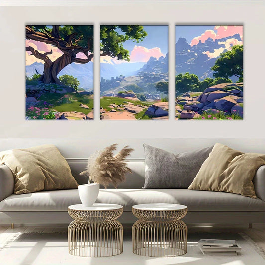 3pcs Mountain and Tree Modern Metal Print Ready to Hang Art