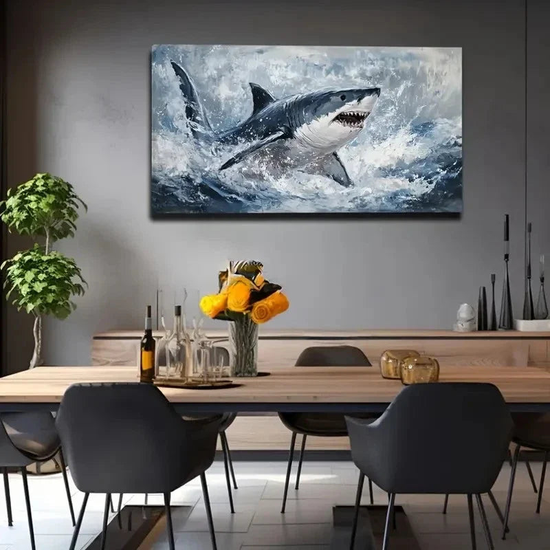 Dramatic Ocean Scene Shark Wall Art Canvas Office Home Room Framed 120x60cm