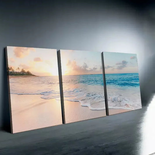 3pcs Elegant Nordic Sea & Waves at Sunrise Wall Art Set Canvas Framed 40x60cm - High Quality Print 100% Australian Made Wall Canvas Ready to Hang