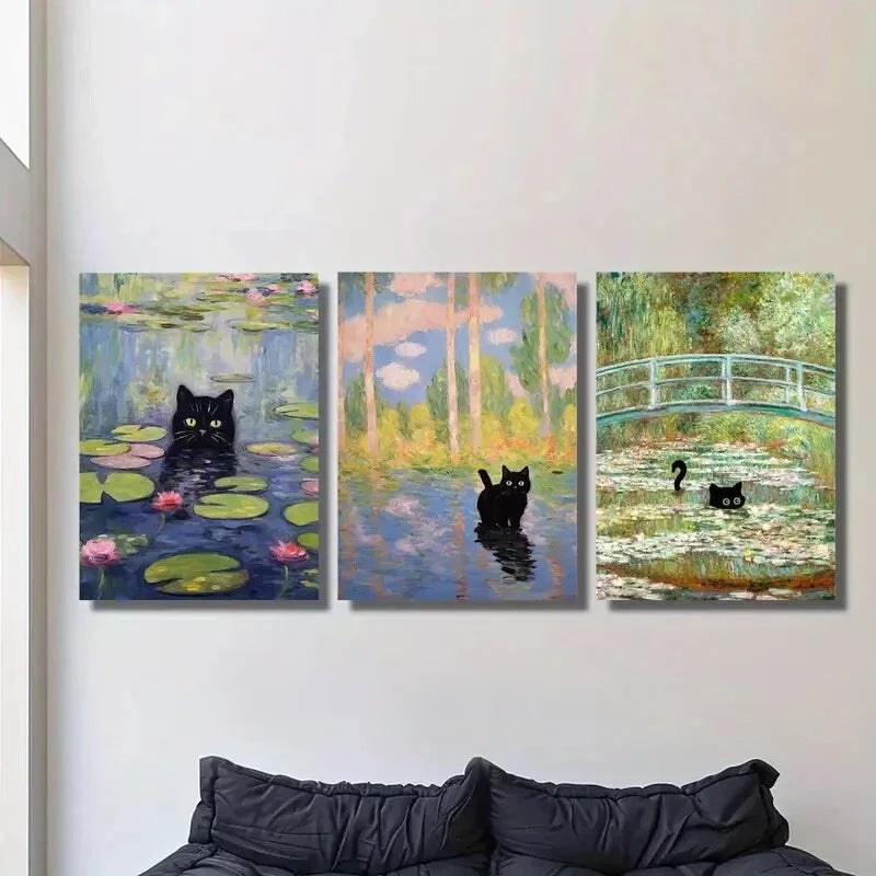 3pcs   Black Cat Inspired by Monet Wall Art Set Canvas Framed 40x60cm - High Quality Print 100% Australian Made Wall Canvas Ready to Hang