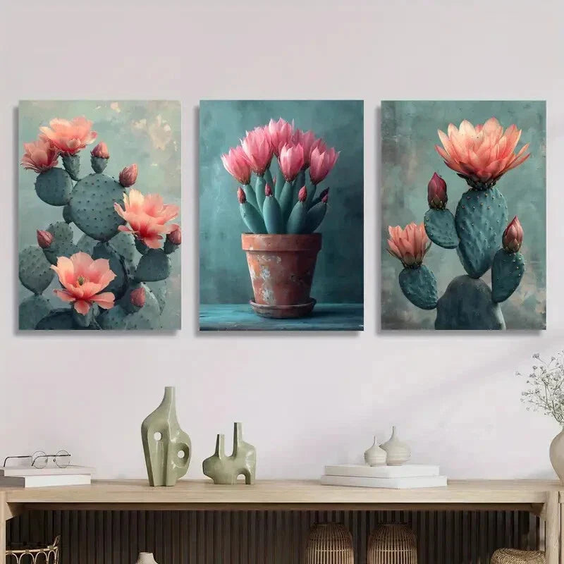 3pcs cactus flowers, potted desert plants, Metal Print Ready to Hang Art