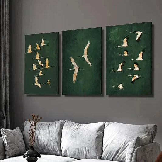 3pcs Cranes in Emerald Green Backdrop Wall Art Set Canvas Framed 40x60cm - High Quality Print 100% Australian Made Wall Canvas Ready to Hang