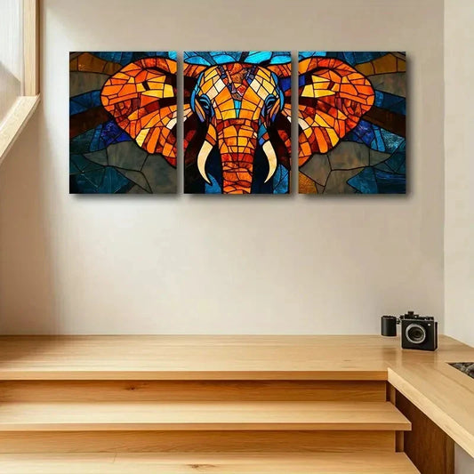 3pcs Vibrant Elephant Stained Glass Style Metal Print Ready to Hang Art