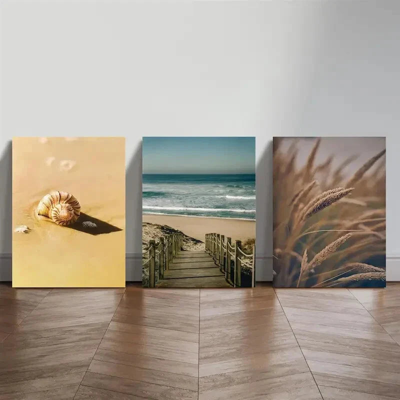 3pcs Shell Wooden Bridge Reeds Beach Landscape Metal Print Ready to Hang Art