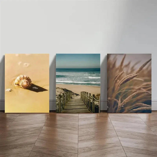 3pcs Shell Wooden Bridge Reeds Beach Landscape Metal Print Ready to Hang Art