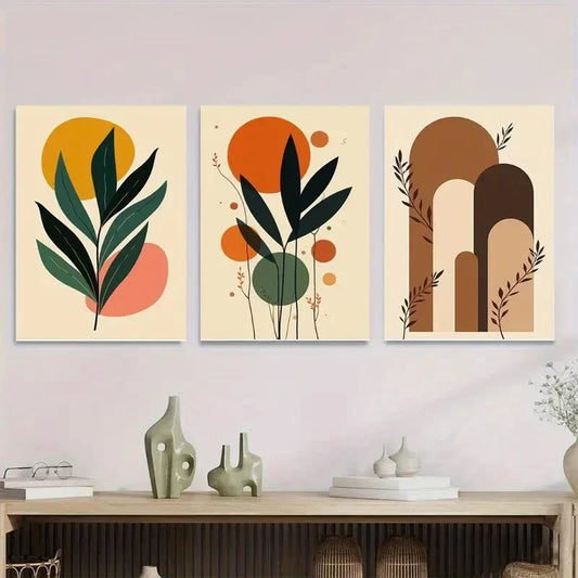 3pcs Modern Abstract Leaf Geometric Shapes Metal Print Ready to Hang Art