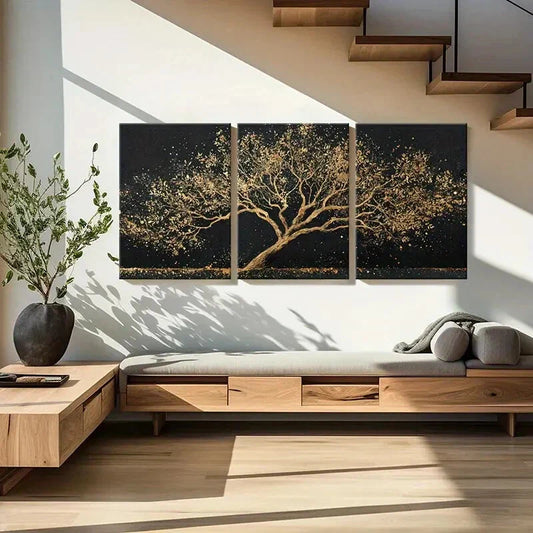 3pcs Golden Tree with Sparkling Leaves Metal Print Ready to Hang Art