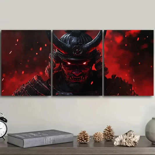 3pcs A crimson warrior with black horns Metal Print Ready to Hang Art