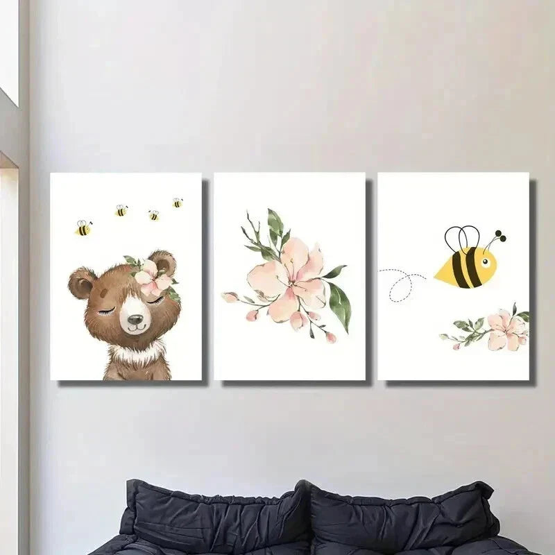 3pcs Cartoon Bee Flower And Bear Decoration Wall Art Set Canvas Framed 40x60cm - High Quality Print 100% Australian Made Wall Canvas Ready to Hang